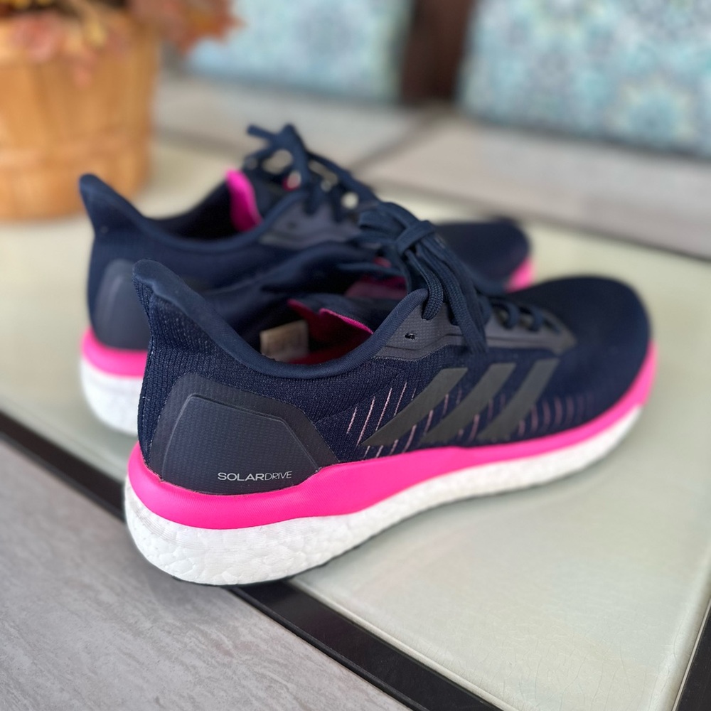 adidas Women’s Boost Solar Drive Running Sneakers — Navy with Hot Pink Accents